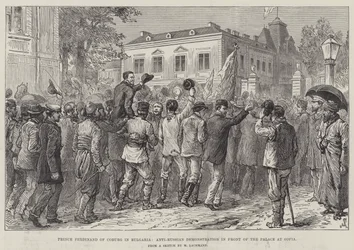 Il principe Ferdinando di Coburgo in Bulgaria, dimostrazione anti-russa davanti al palazzo di Sofia
